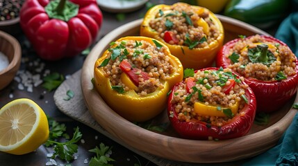 Mediterranean Stuffed Bell Peppers with Ground Turkey and Couscous.  Food Illustration
