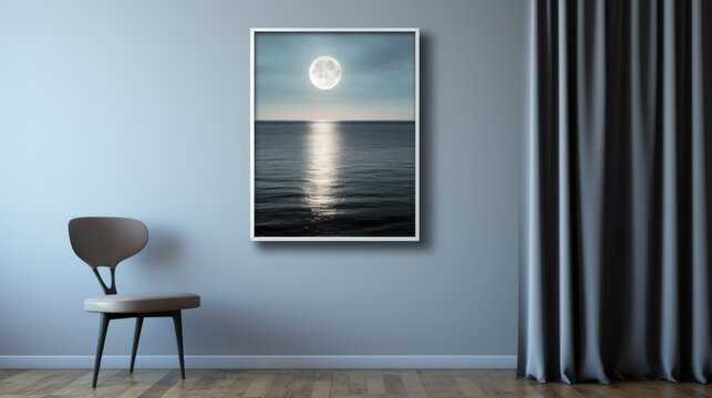 a chair in a room with a picture of a full moon on the water and a chair in front of a window.