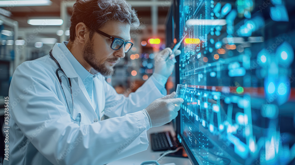 Poster doctor or technician working with ai data analysis, lab experiment, data science, medical technology
