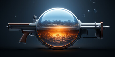 Gaming concept. Gaming header interface with old rifle, and round glass orb.