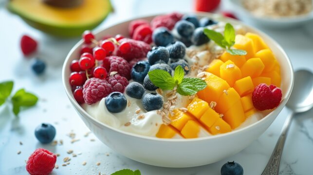 a bowl of fruit with yogurt, raspberries, peaches, blueberries, and kiwis.