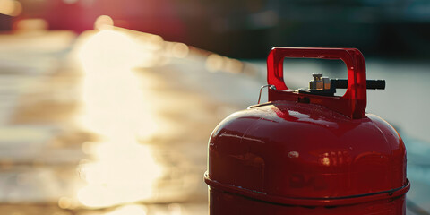 Red Gas can on a simple Background with copy space. Close-up view of gasoline metallic container with a handle and valve. - obrazy, fototapety, plakaty
