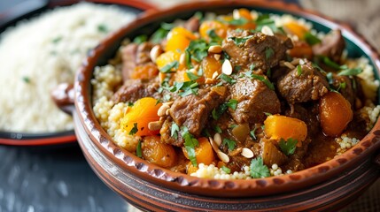 Moroccan Lamb Tagine with Apricots and Almonds served with Couscous.  Food Illustration
