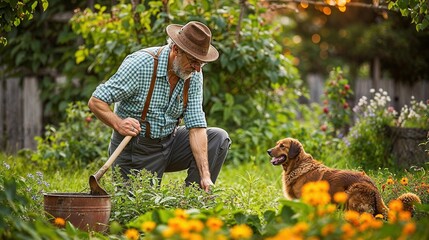 Grüner Daumen: Mann bei der Gartenarbeit, Eigenanbau von Gemüse und Obst - obrazy, fototapety, plakaty