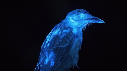 a close up of a bird on a black background with a blue light on it's head and wings.