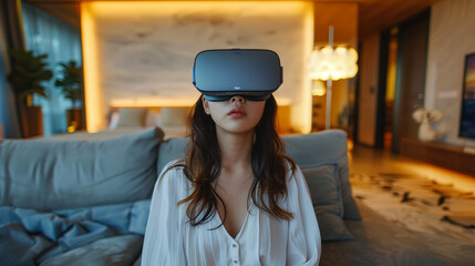Young beautiful woman wearing a VR headset and experiencing virtual reality, futuristic technology concept