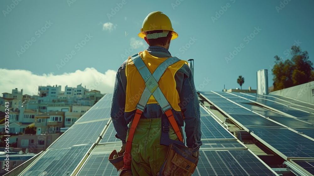 Poster Engineer installing solar panels on rooftop. Generative AI.