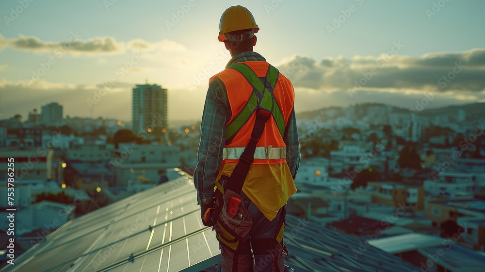 Poster Engineer installing solar panels on rooftop. Generative AI.