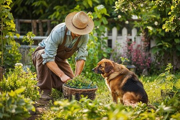 Grüner Daumen: Mann bei der Gartenarbeit, Eigenanbau von Gemüse und Obst - obrazy, fototapety, plakaty