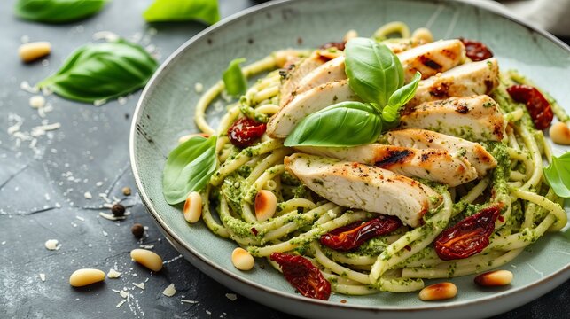 Pesto Pasta with Sun-Dried Tomatoes, Pine Nuts, and Grilled Chicken.  Food Illustration

