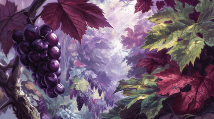 a painting of a bunch of grapes hanging from a tree in a forest with purple and red leaves on it.