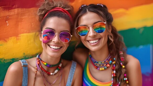 Two smiling young women gay in front of a Rainbow colorful wall. Bucle loop infinite. A couple of Women in partying at the pride Parade 