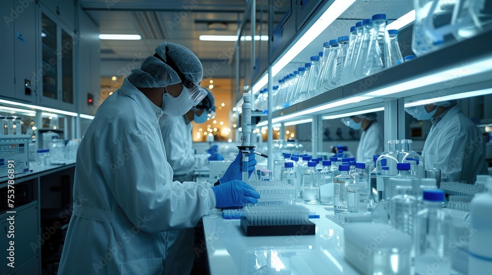 Poster Group of scientists in a high-tech laboratory with shiny complex instrumentation filling the room. Generative AI.