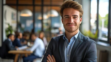 portrait of an optimistic businessman standing in his office - obrazy, fototapety, plakaty