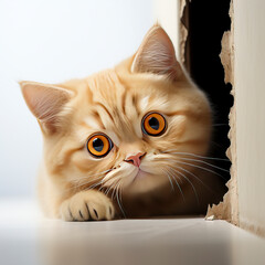 Mysterious Golden Shaded British Shorthair Peeking Out from Door Crack on Pure White Background, Surprised Expression, Created with Generative AI Technology
