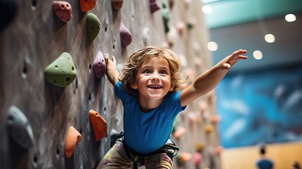 Naklejka premium little child rock climbing at indoor gym,