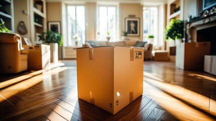 A box in living room, Pricing and costs of moving houses. Generative AI.