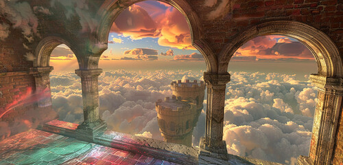 A floating castle's window, showing a view of the cloud bridges - obrazy, fototapety, plakaty