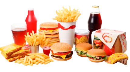 Assortment of unhealthy products that's bad for figure, skin, heart and teeth. Fast carbohydrates food isolated on transparent background.
