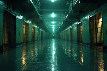 Fototapeta premium An empty corridor with a reflective floor, under a greenish artificial light, emphasizes the stillness and emptiness