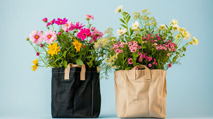 Vibrant Floral Arrangements in Black and Light Brown Canvas Bags on White Background Created with Generative AI Technology