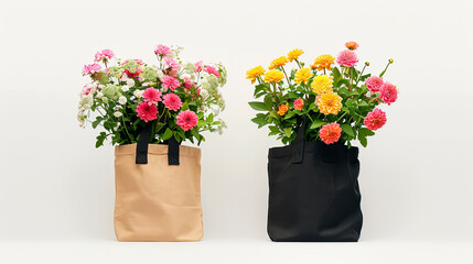 Obraz premium Chic Floral Tote Bags: Black and Light Brown Canvas Bags Filled with Pink and Yellow Flowers on White Background Created with Generative AI Technology