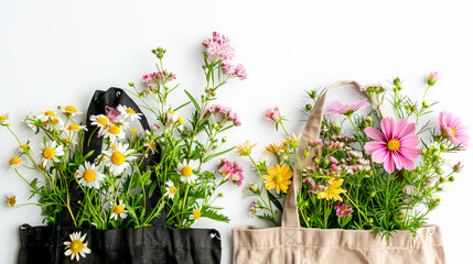 Vibrant Blooms: Black and Light Brown Canvas Bags Filled with Pink and Yellow Flowers on White Background created with Generative AI technology