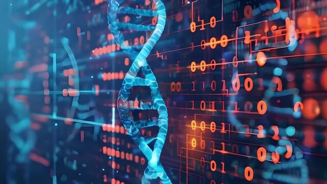 Digital illustration of a double helix DNA structure with a binary code background, science and technology concept - Powered by Adobe