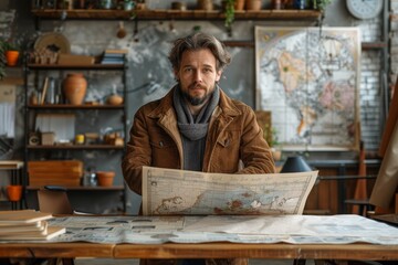 A thoughtful man surrounded by vintage maps and plotting a course, exuding a sense of adventure and exploration