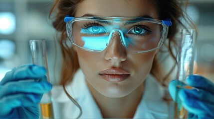 Portrait of a woman scientist in a laboratory, wearing a white coat and blue gloves, handling test tubes, close up. Generative AI. - Powered by Adobe