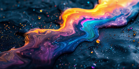 Multicolored Mercury Mixing and Swirling on a Dark Surface Background and Banner - obrazy, fototapety, plakaty