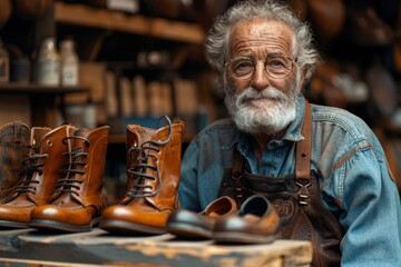 A charismatic elderly craftsman sits amid an array of leather shoes in his well-stocked shoemaker shop