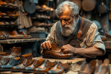 In a detailed workshop setting, an elderly craftsman meticulously works on leather shoes, displaying skill and focus