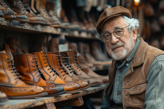 A thoughtful elderly man with a hat examines leather shoes in a traditional shoemaker's workshop