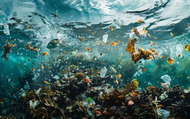 Fototapeta na wymiar Marine animals live on plastic waste under the sea.