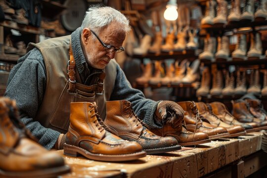 Diligent shoe craftsperson examining bespoke brown leather boots in a rustic setting with various shoemaking items