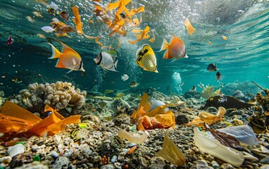 Obraz na płótnie Canvas Marine animals live on plastic waste under the sea.