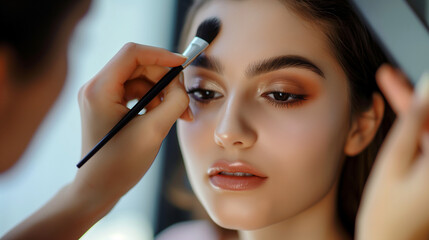 Young female model getting make up. Beautiful woman getting on her make-up on by professional artist, morning preparation. Pretty 20s lady portrait and hand with brush putting on eye shadow.