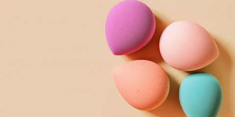 Colorful make up sponges isolated on beige background with copy space, cosmetics make up tools backgrounds.