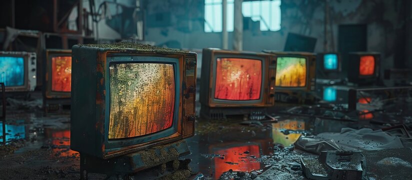 Many outdated computer monitors abandoned as a pile of garbage. Environmental problems that come from electronic waste