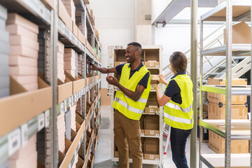Two Logistic Workers Working At Warehouse Storage