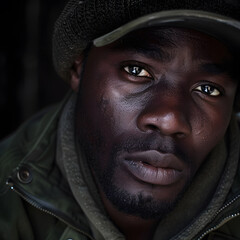 Portrait of a handsome black man looking at the camera and wearing a cap and a military green jacket. Black background