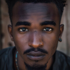 Portrait of a young black man with a moustache. Looking at the camera