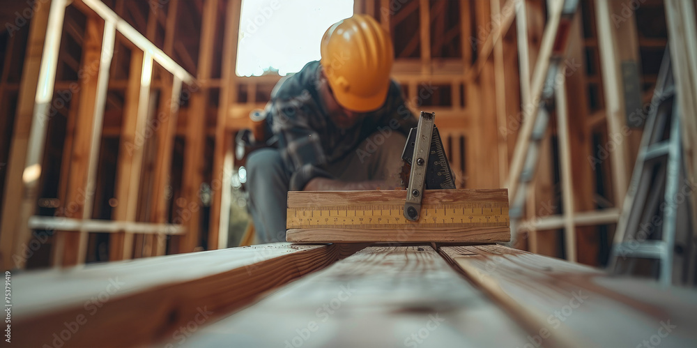 Poster construction worker carefully measuring lumber while working inside of a residential construction si