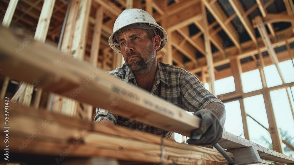 Poster construction worker carefully measuring lumber while working inside of a residential construction si