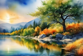 nature, river, forest, watercolor