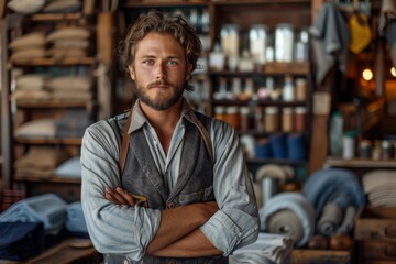 Fototapeta premium Thoughtful bearded man wearing a vest folding his arms in a traditional tailoring workshop