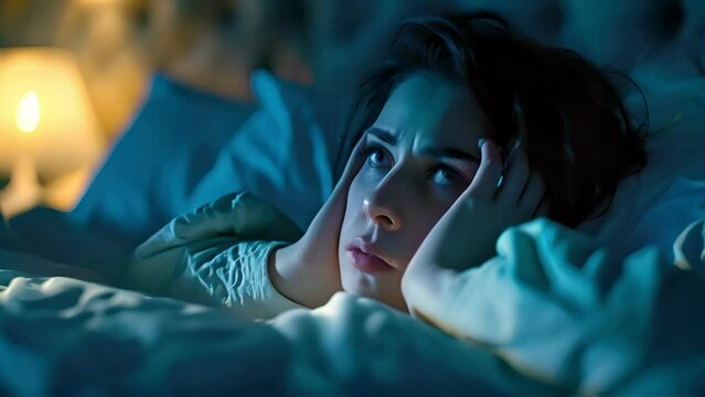 woman in bed late trying to sleep suffering insomnia, sleepless or scared in a nightmare, looking sad worried and stressed. Tired and headache or migraine waking up in the middle of the night.