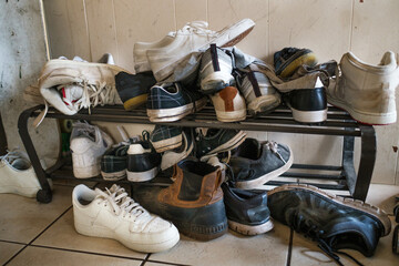 Pile of hipster running shoes