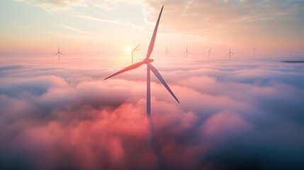 Wind turbine at sunrise in heavy fog. Wind farm generating green energy. Generative AI. - obrazy, fototapety, plakaty